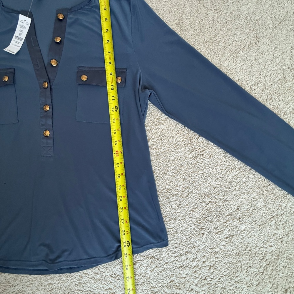White House Black Market Blue Blouse Gold-Colored Buttons Long Sleeve Sz XL NWT - Picture 8 of 11